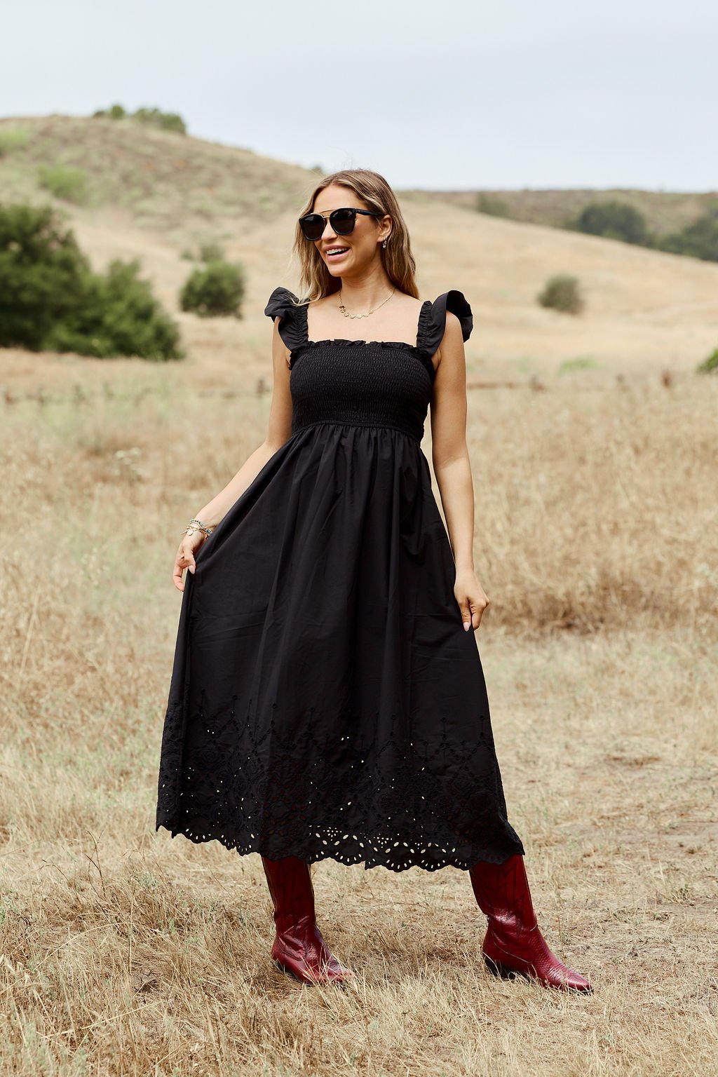 Backroad Beauty Smocked Midi Dress - Black - DOORBUSTER