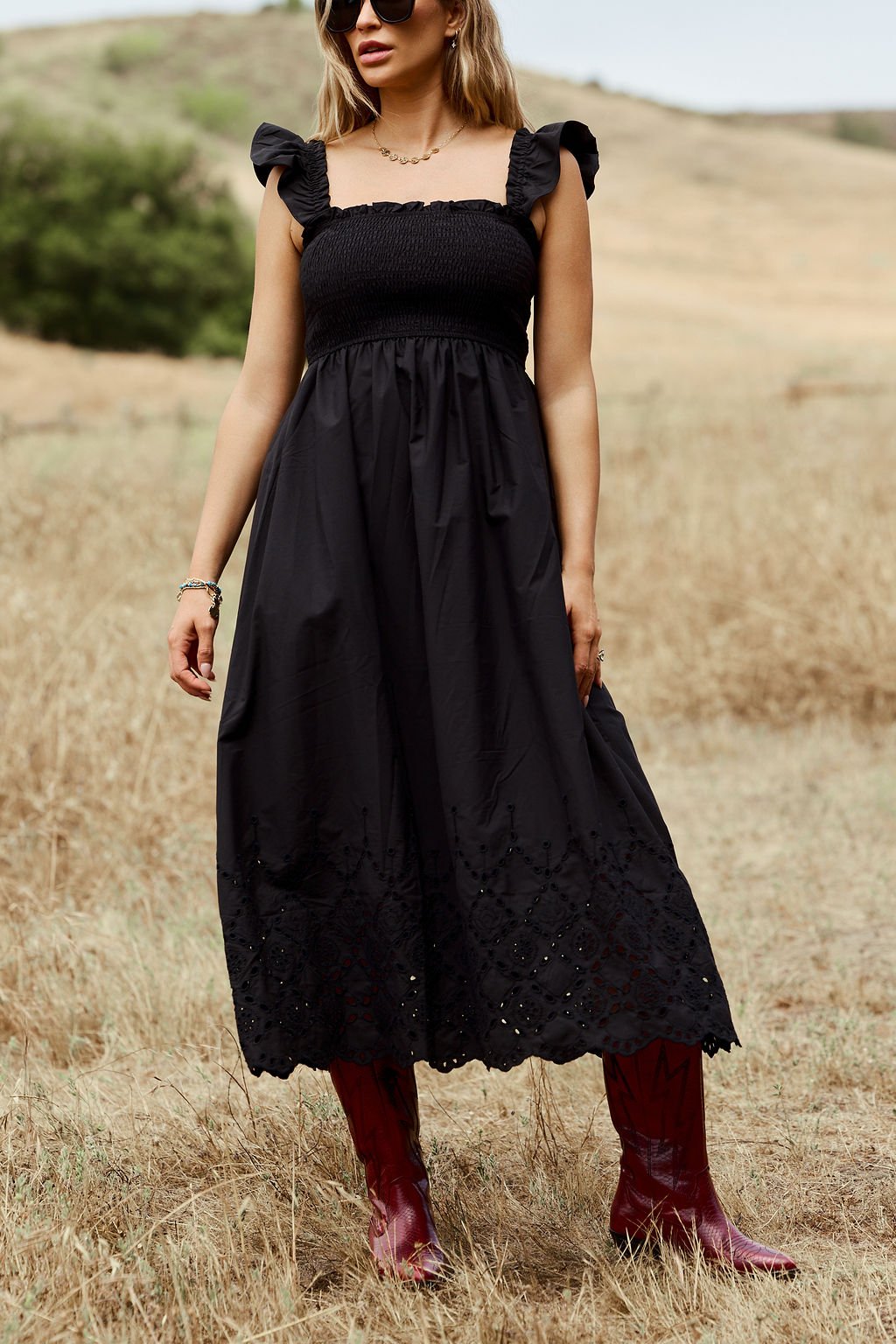 Backroad Beauty Smocked Midi Dress - Black - DOORBUSTER