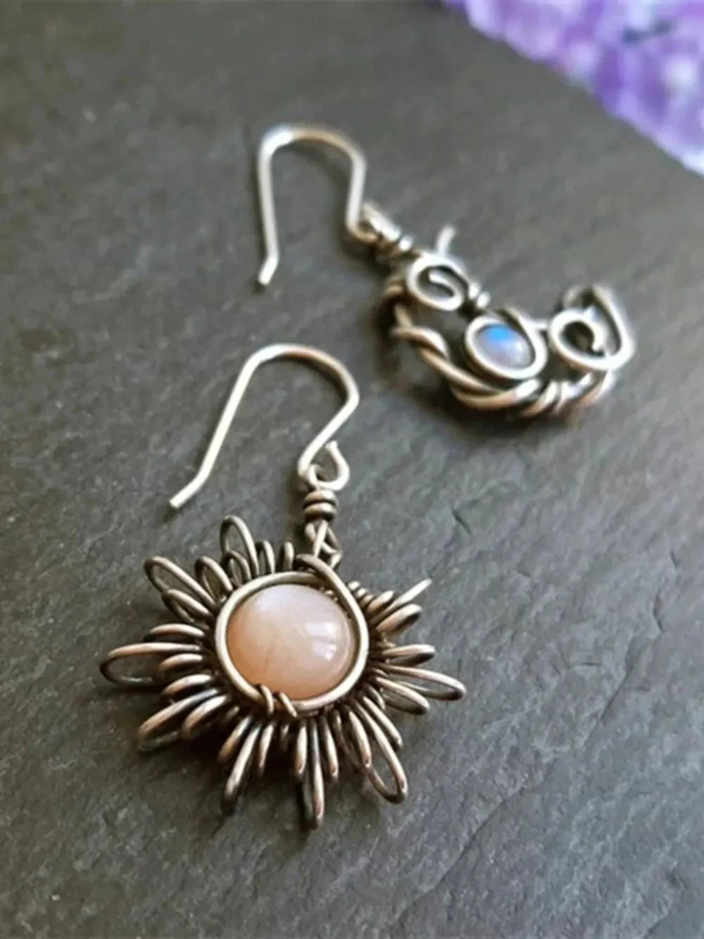 Moonstone Sun & Moon Celestial Drop Earrings – Boho Alloy Dangle Jewelry