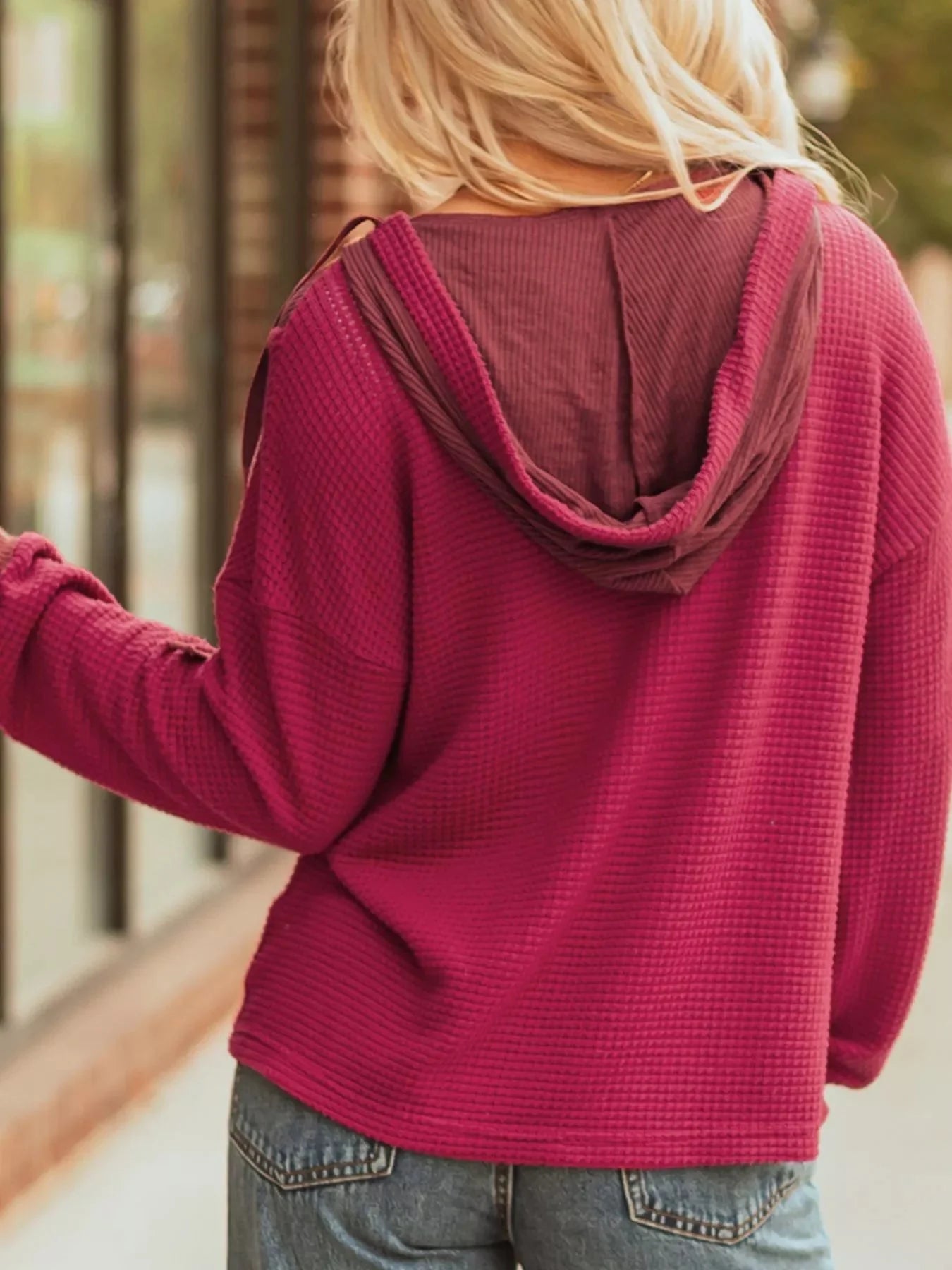 Cozy Contrast Waffle Knit Henley Sweatshirt with Button Detail