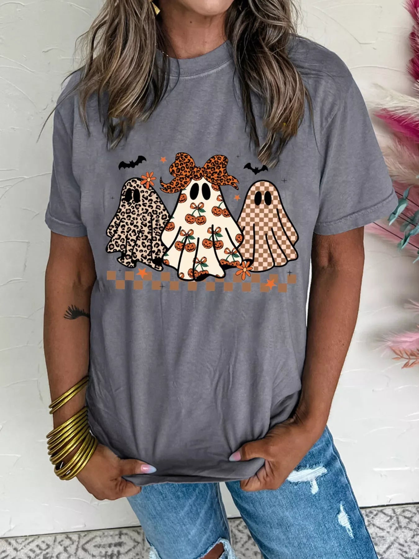 Round Neck Casual Ghost Halloween Graphic T Shirt