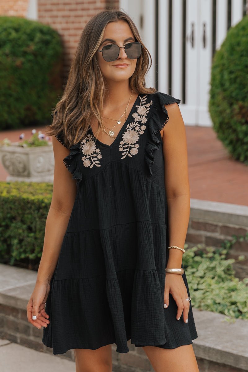 Black Embroidered Tiered Mini Dress - DOORBUSTER