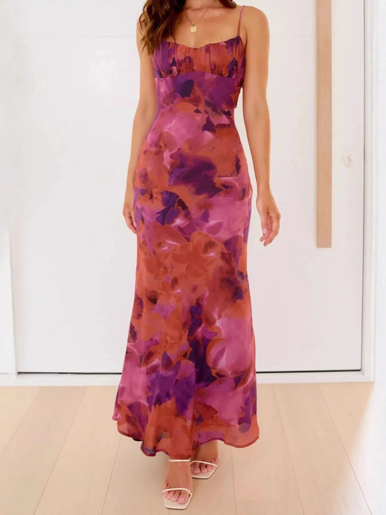 Cutout Printed Cami Maxi Dress