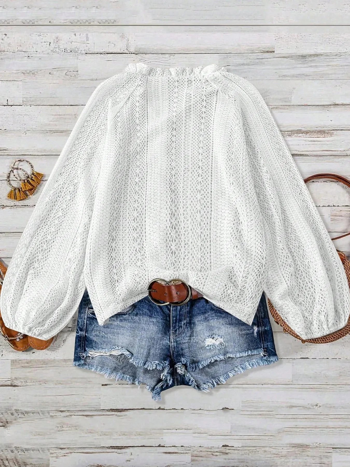 Crochet Notched Button Front Shirt