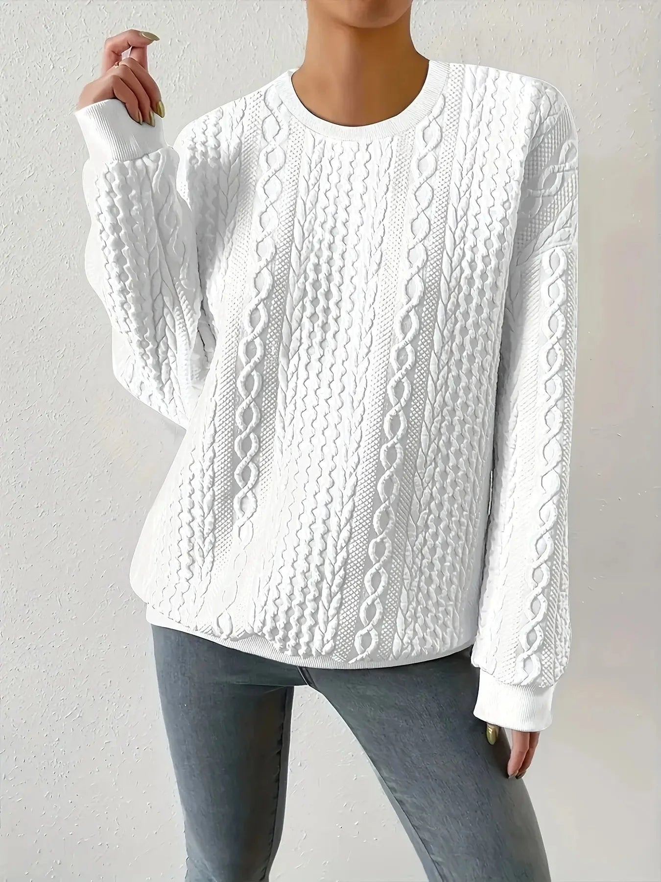 Round Neck Cable Knit Oversized Sweatshirt