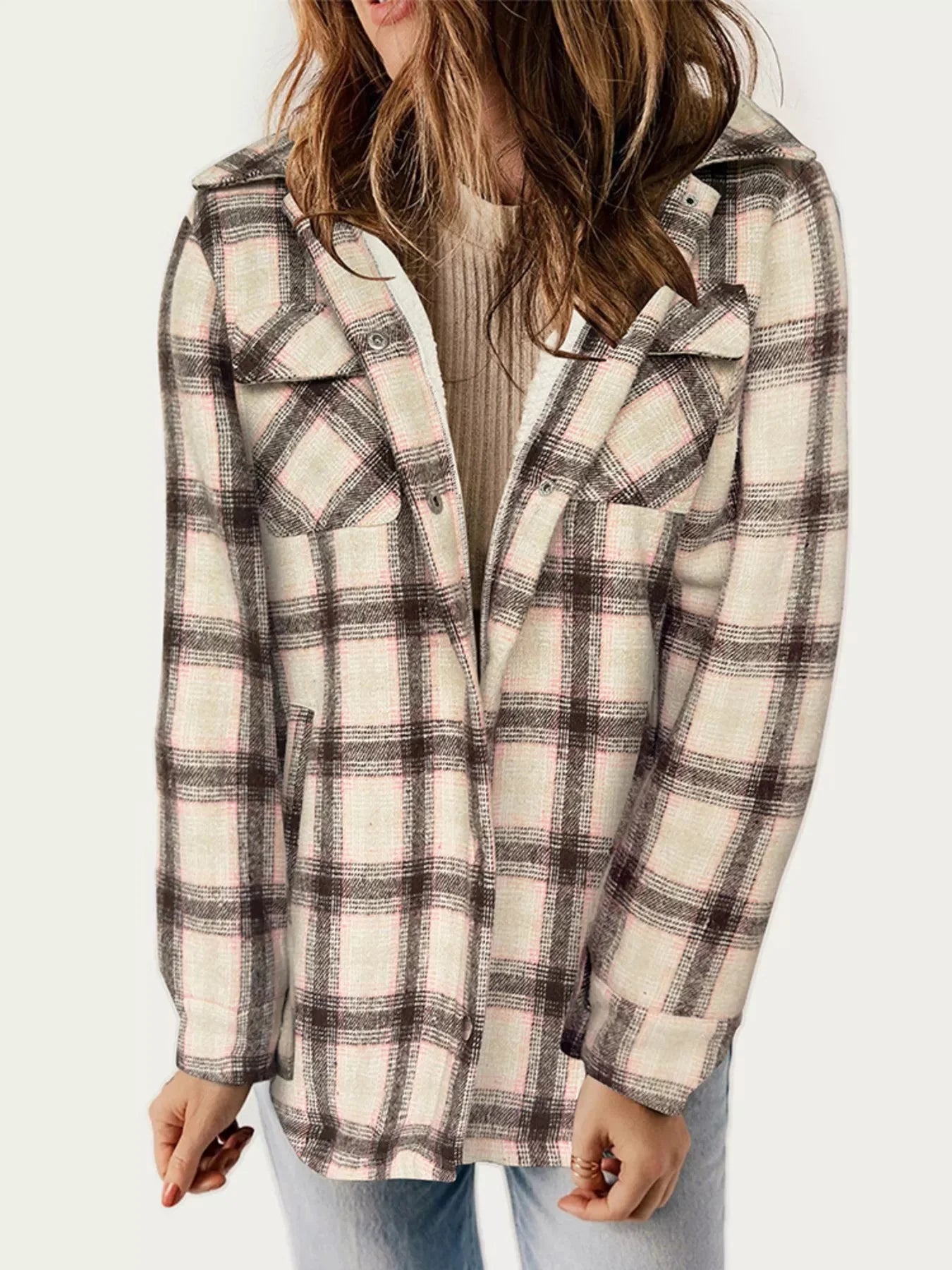 Oversized Plaid Long Sleeve Fleece Jacket
