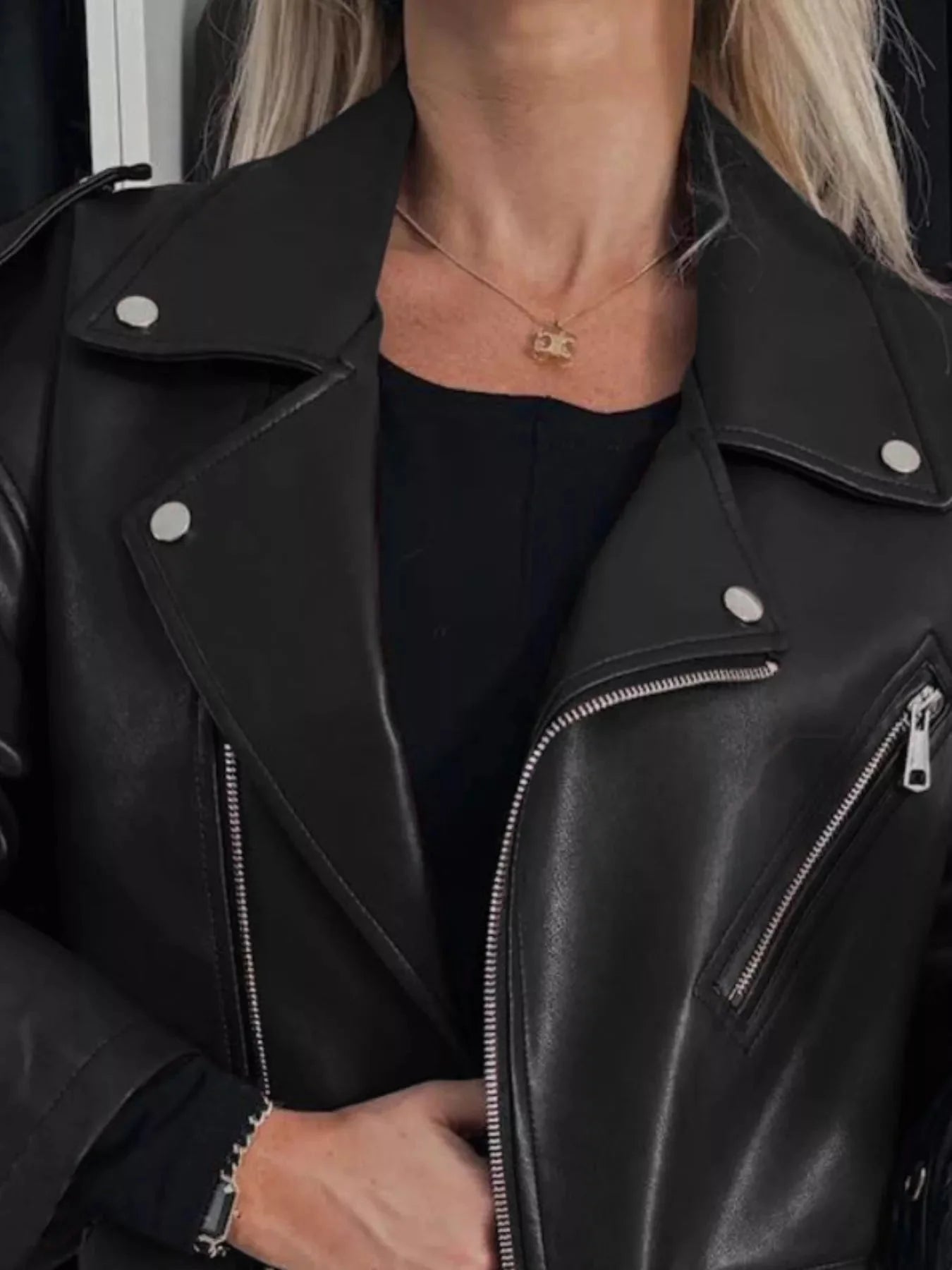 Plus Size Zip Up Long Sleeve Faux Leather Jacket