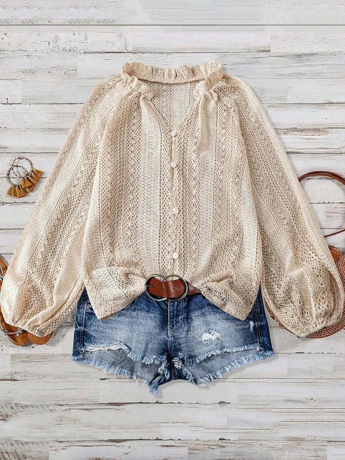 Crochet Notched Button Front Shirt