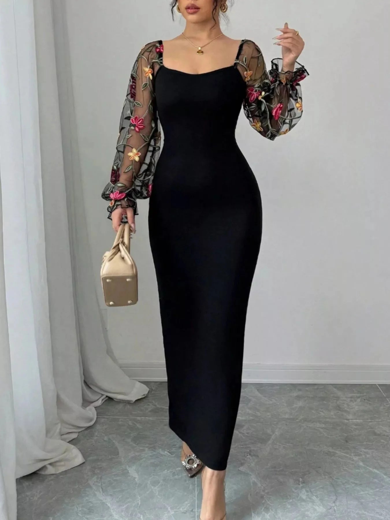Sheer Floral Mesh Sleeves Black Bodycon Dress