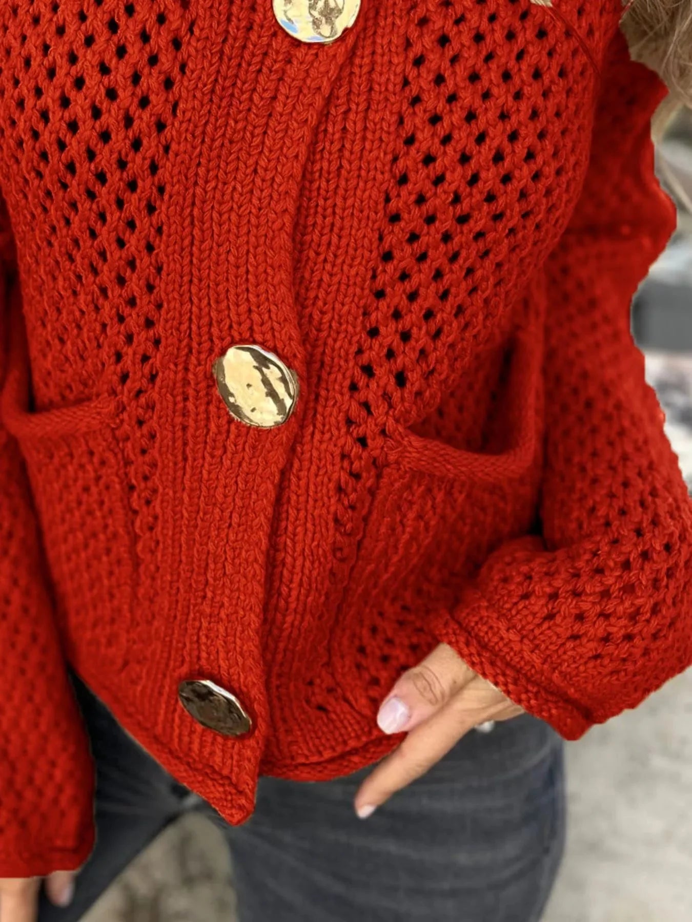 Crochet Button Up Long Sleeve Cardigan