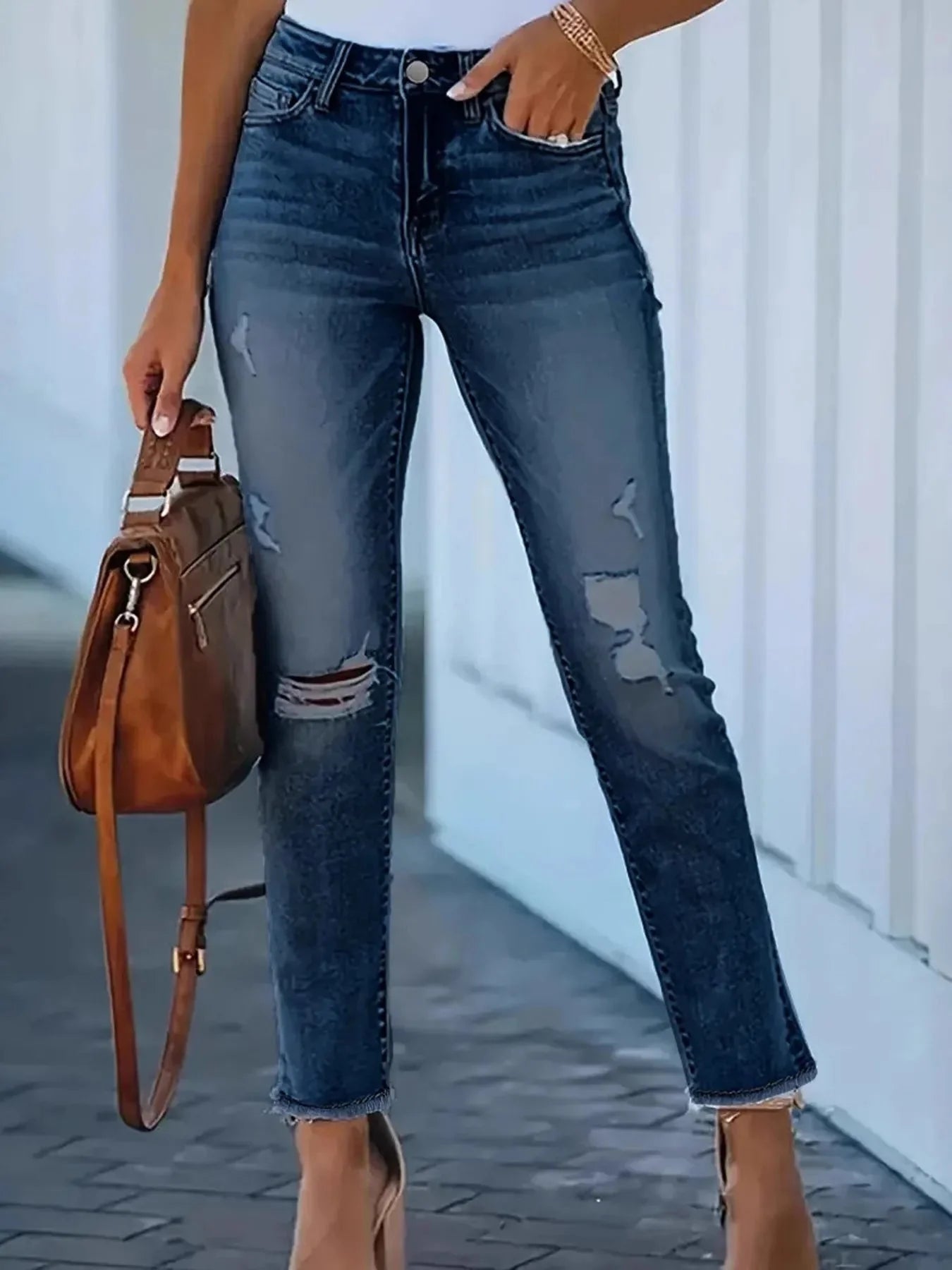 High-Waisted Distressed Skinny Jeans