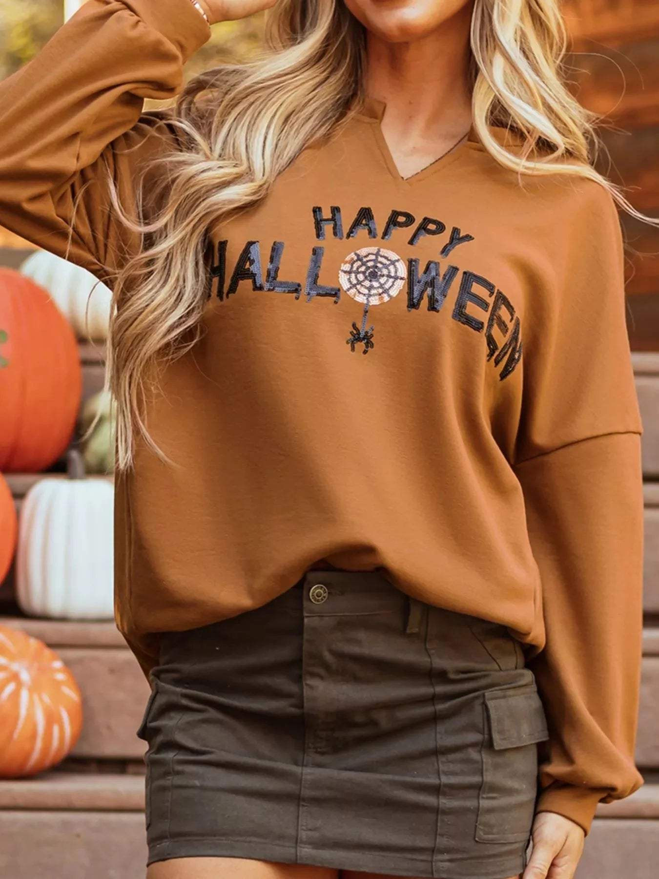 Notched Long Sleeve Oversized Happy Halloween Graphic Sweatshirt