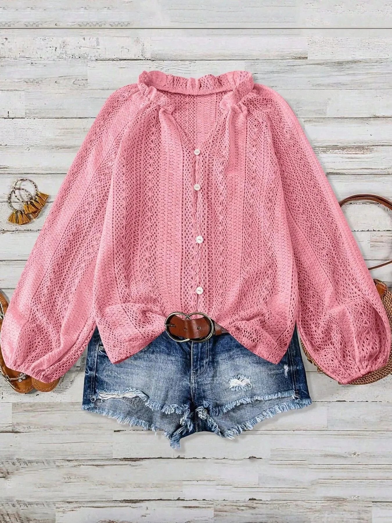 Crochet Notched Button Front Shirt