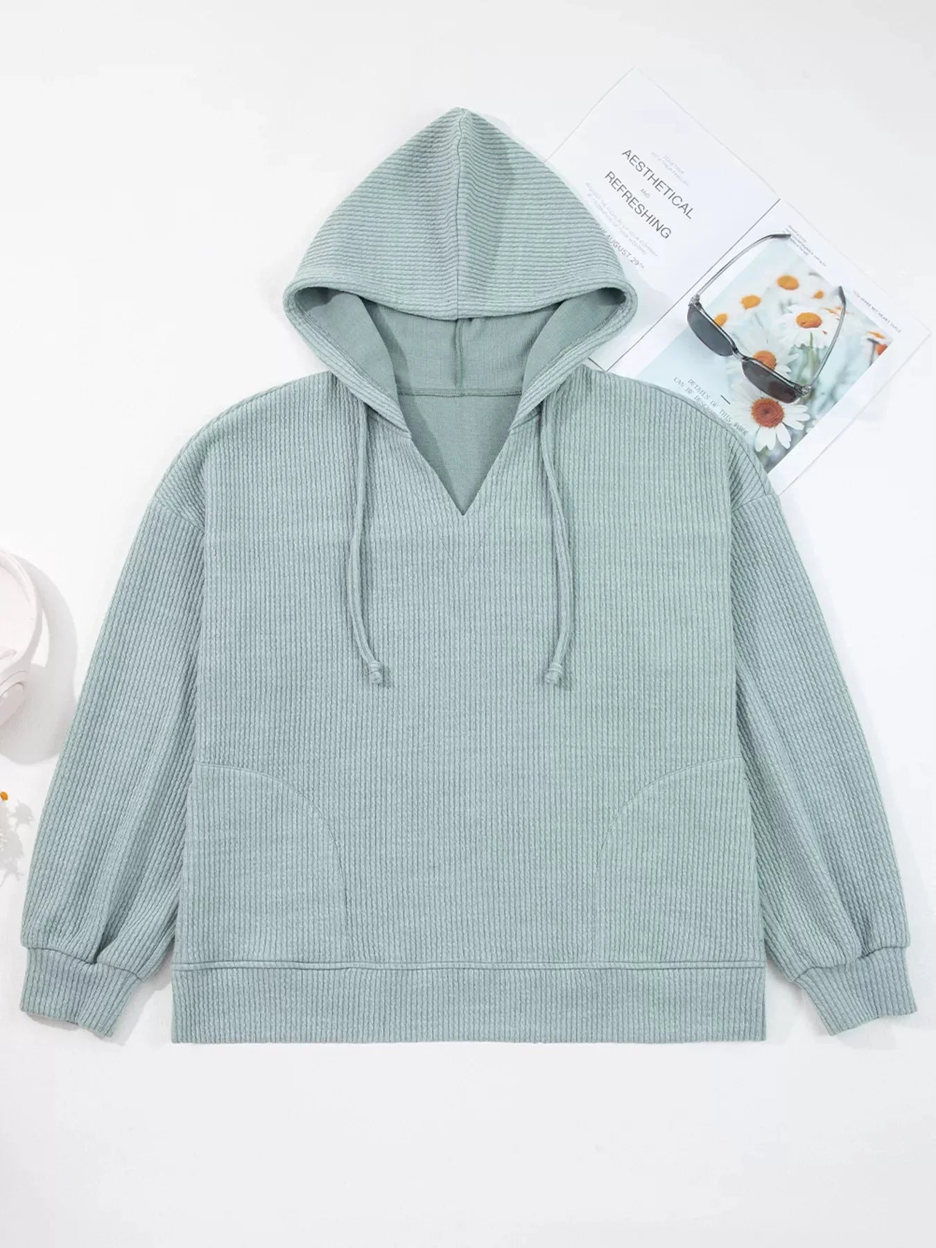 Ribbed Knit Drop Shoulder Hoodie