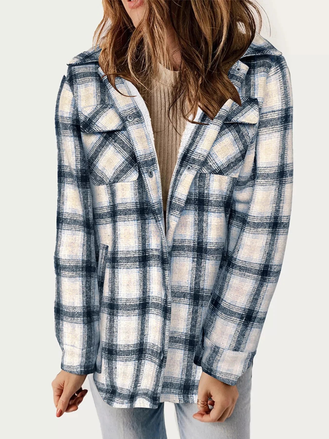 Oversized Plaid Long Sleeve Fleece Jacket