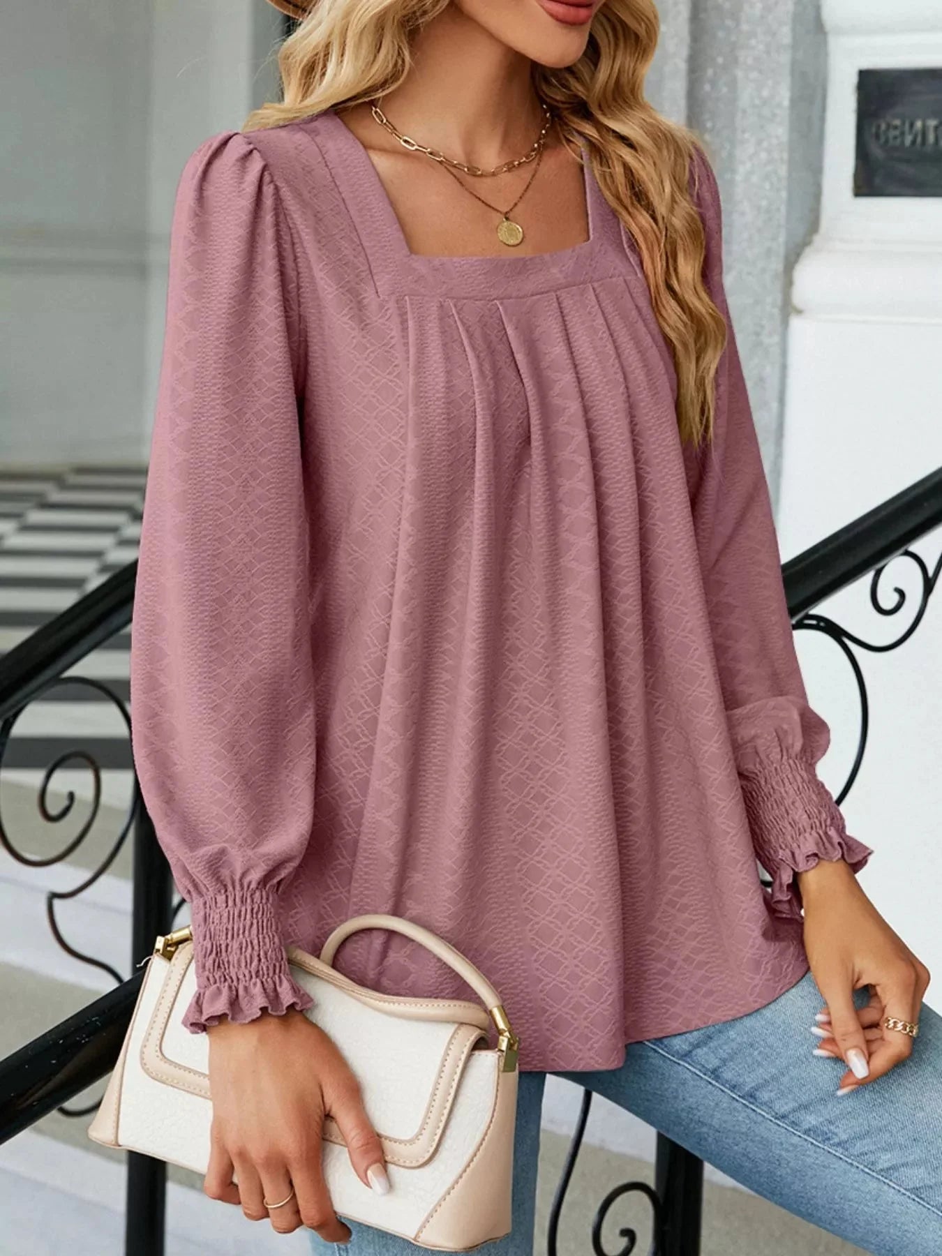 Pleated Square Neck Long Sleeve Top
