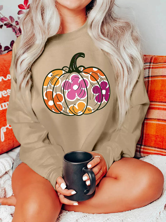 Drop Shoulder Floral Pumpkin Halloween Graphic Sweatshirt