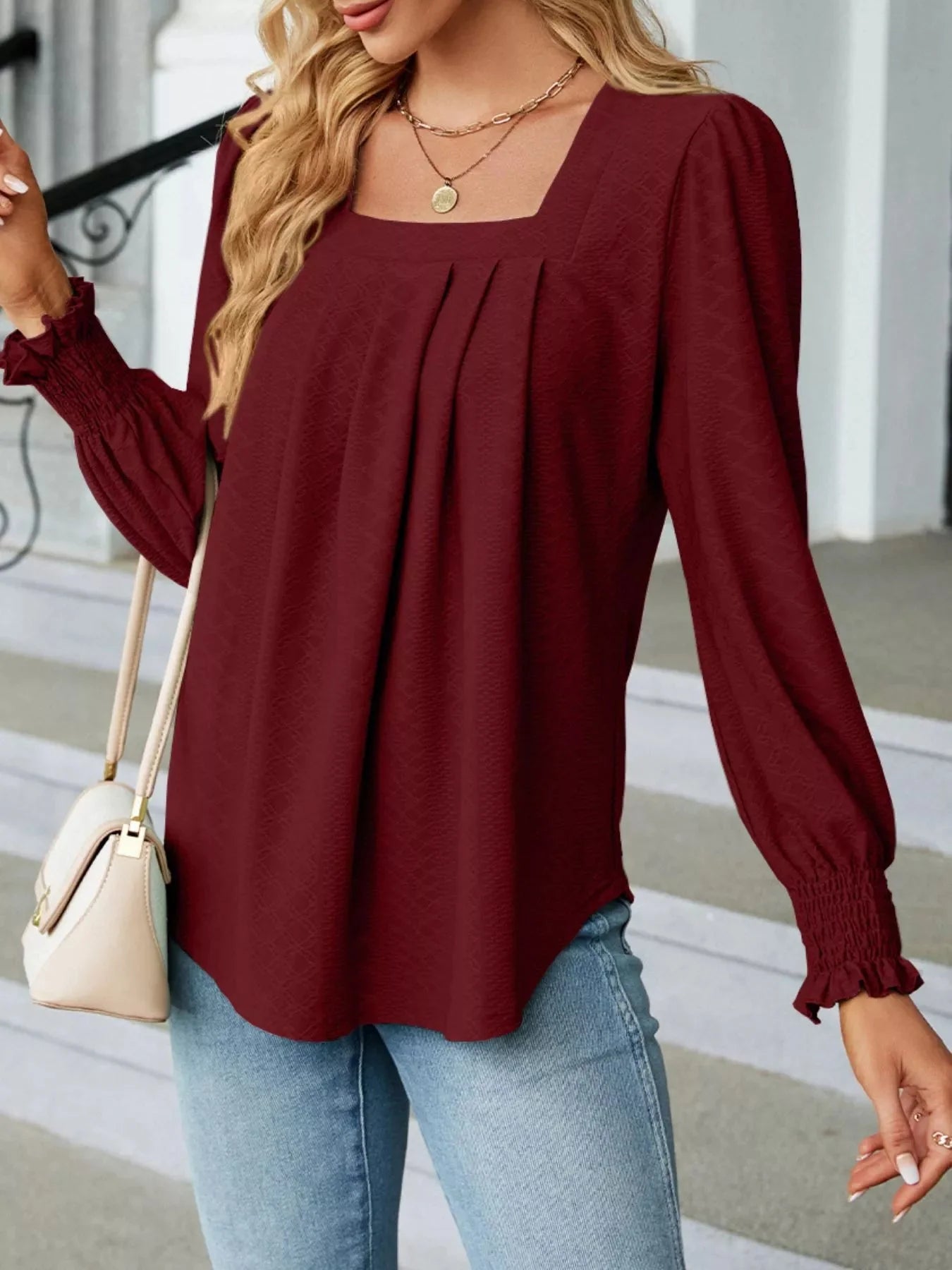 Pleated Square Neck Long Sleeve Top