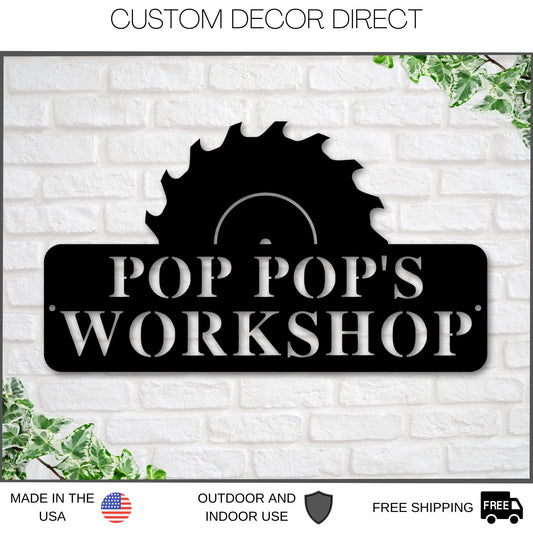 Pop Pop's Workshop Sign In A Saw Blade, Crescent Wrench & Hammer Art, Gifts For Pop Pop, Woodworker Sign