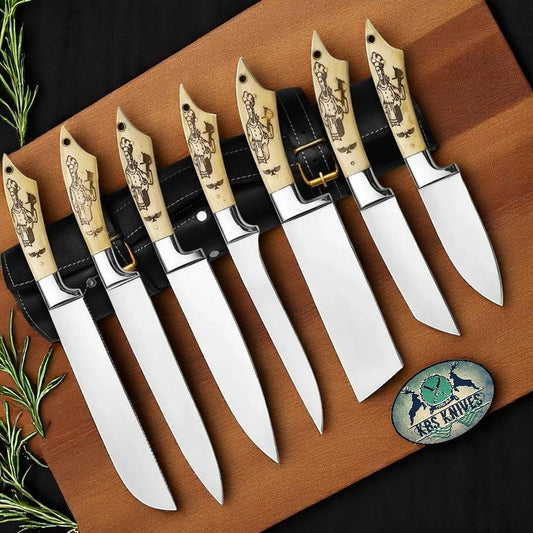 Legacy Bone Series – 7-Piece Stainless Knife Set with Engraved Bone Handles & Steel Bolsters