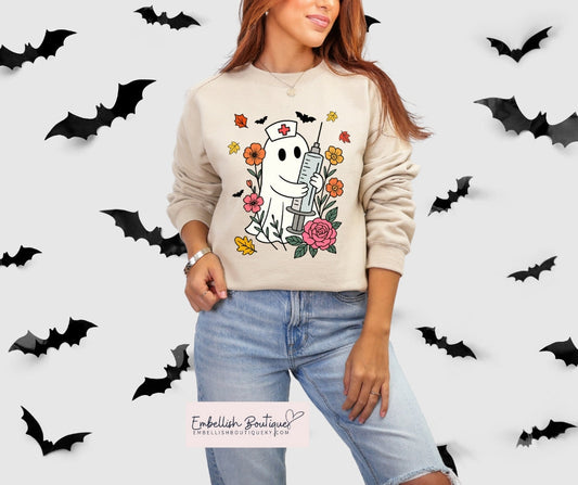 Halloween Floral Ghost Nurse - tee or sweatshirt